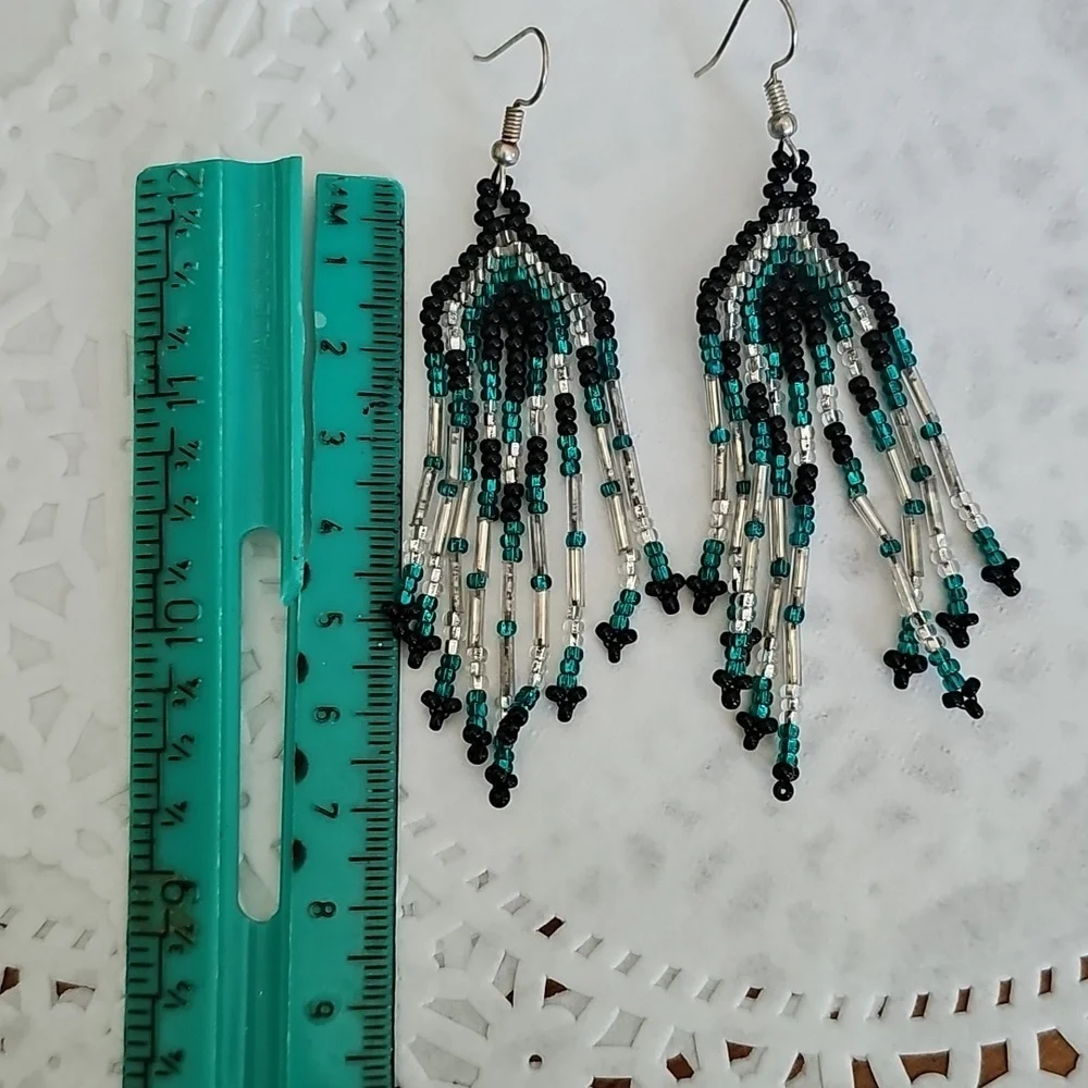 Philadelphia Eagle Fans Elegant Beaded Dangle Earrings - Black and Teal